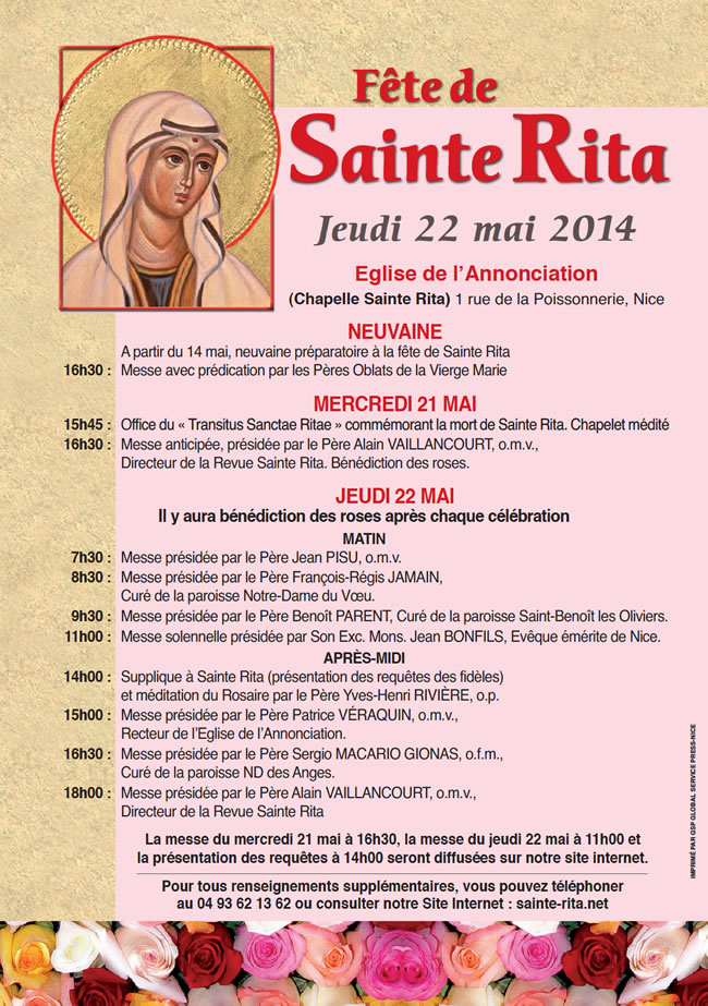 Programme de la Fête de Sainte Rita 2014