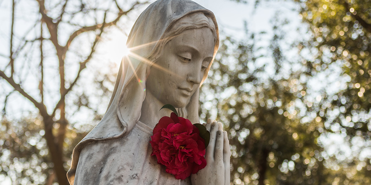 vierge marie statue rose rouge